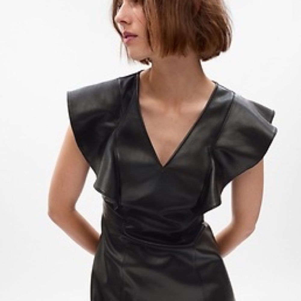 NWT Small Black Faux Leather Dress Ruffle Sleeve S’Edge